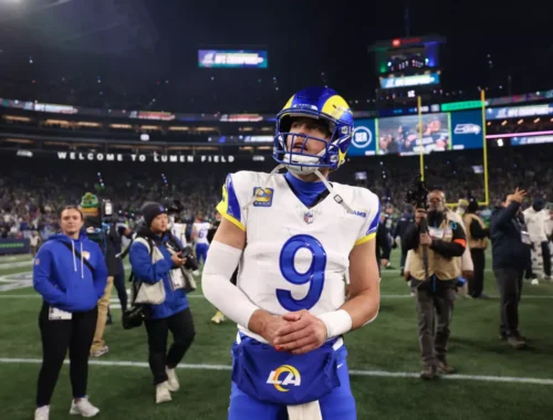 Rams quarterback Matthew Stafford walks off the field after a 31-27 loss to the Seattle Seahawks in the NFC championship game Sunday at Lumen Field. (Eric Thayer / Los Angeles Times)